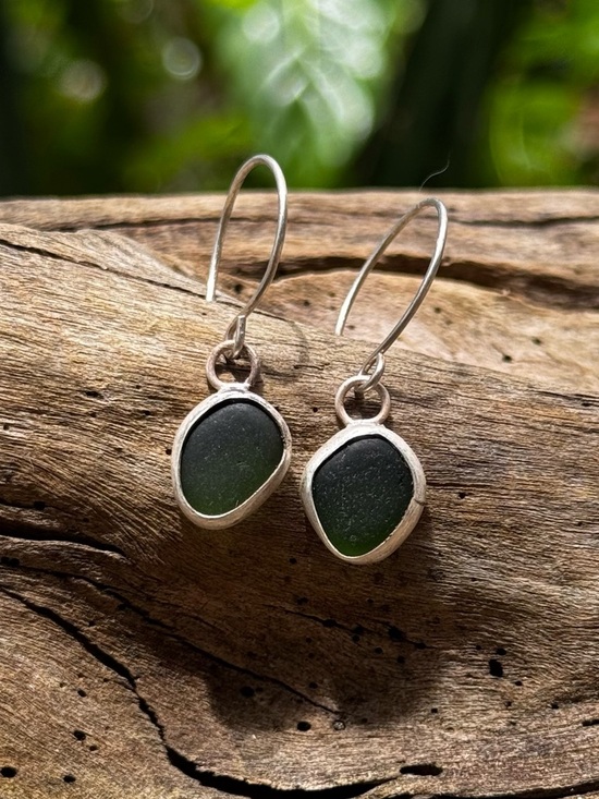 Hand Crafted Jewelry - Green sea glass Handmade sterling silver drop earrings